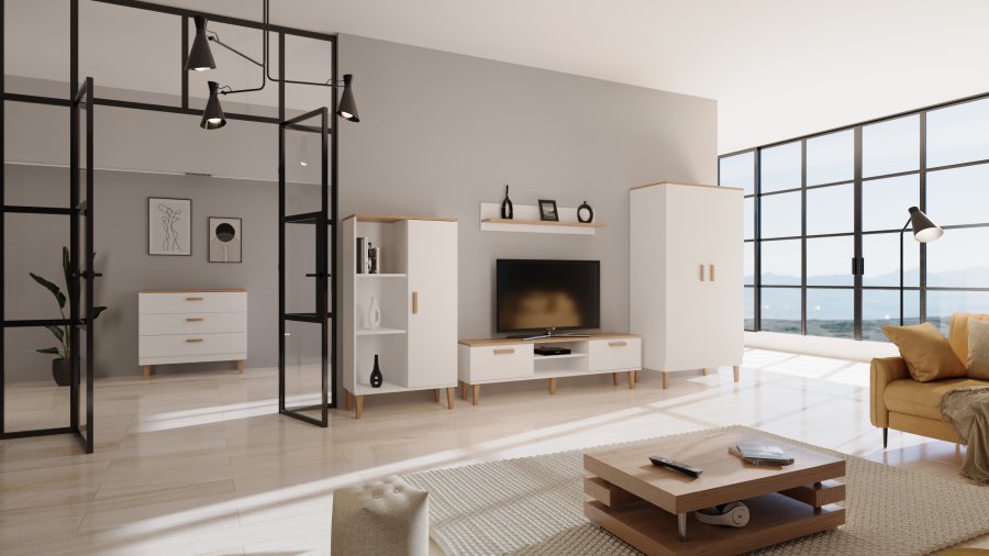 KOCOT Denver TV-Tisch, mit 2 Türen und 1 Regal - weiße und natürliche Hickory-Spanplatte (160 x 47,2)