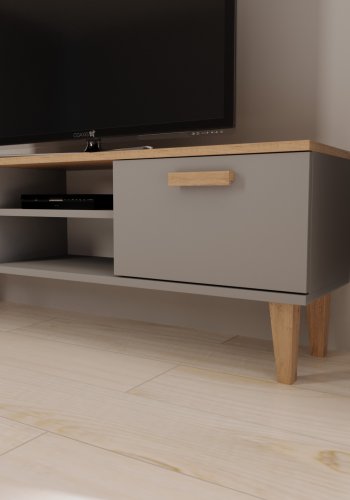 KOCOT Denver TV-Tisch, mit 2 Türen und 1 Regal - Chinchillagrau und natürliche Hickory-Spanplatte (120 x 47,2)