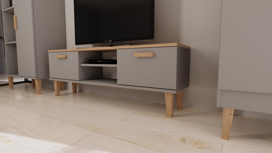 KOCOT Denver TV-Tisch, mit 2 Türen und 1 Regal - Chinchillagrau und natürliche Hickory-Spanplatte (120 x 47,2)