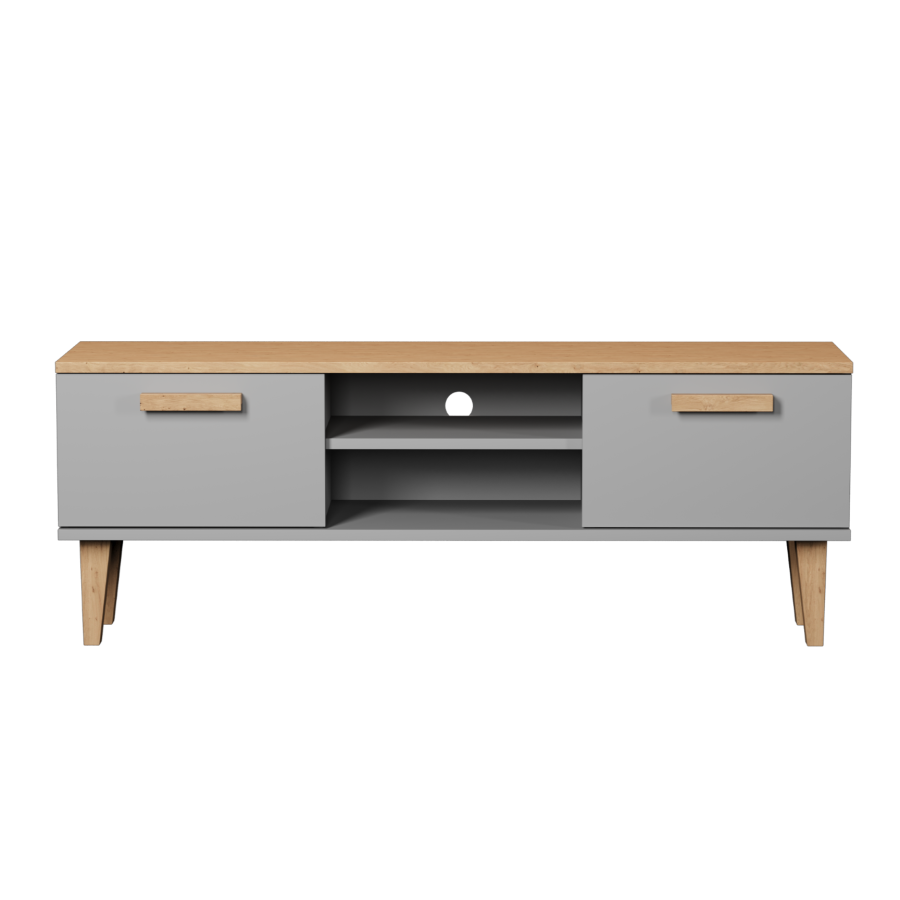 KOCOT Denver TV-Tisch, mit 2 Türen und 1 Regal - Chinchillagrau und natürliche Hickory-Spanplatte (120 x 47,2)