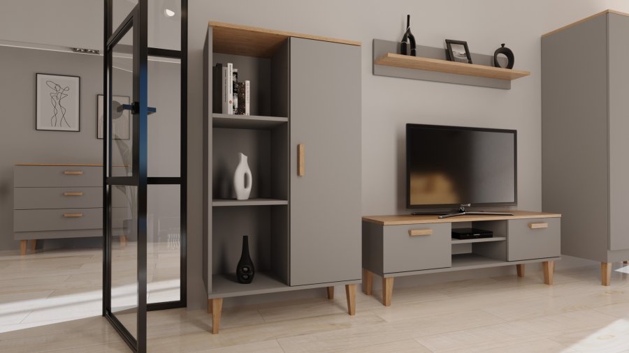 KOCOT Denver TV-Tisch, mit 2 Türen und 1 Regal - Chinchillagrau und natürliche Hickory-Spanplatte (120 x 47,2)