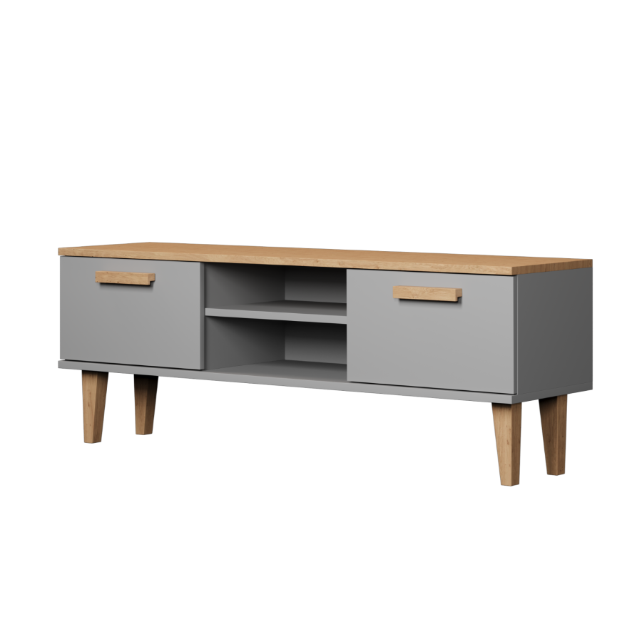 KOCOT Denver TV-Tisch, mit 2 Türen und 1 Regal - Chinchillagrau und natürliche Hickory-Spanplatte (120 x 47,2)