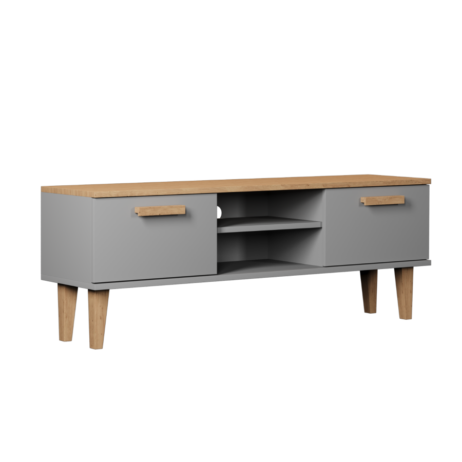 KOCOT Denver TV-Tisch, mit 2 Türen und 1 Regal - Chinchillagrau und natürliche Hickory-Spanplatte (120 x 47,2)