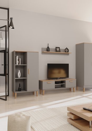 KOCOT Denver TV-Tisch, mit 2 Türen und 1 Regal - Chinchillagrau und natürliche Hickory-Spanplatte (120 x 47,2)