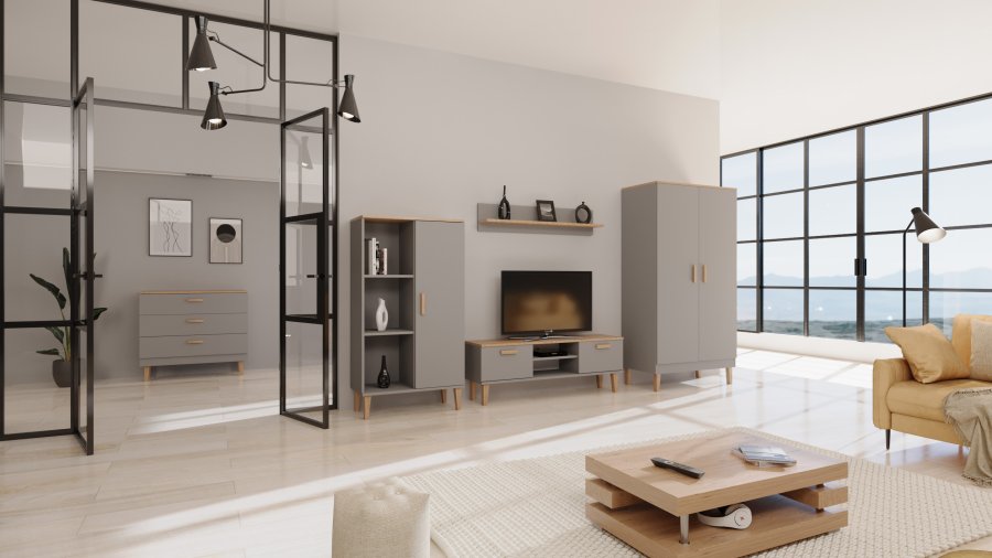 KOCOT Denver TV-Tisch, mit 2 Türen und 1 Regal - Chinchillagrau und natürliche Hickory-Spanplatte (120 x 47,2)