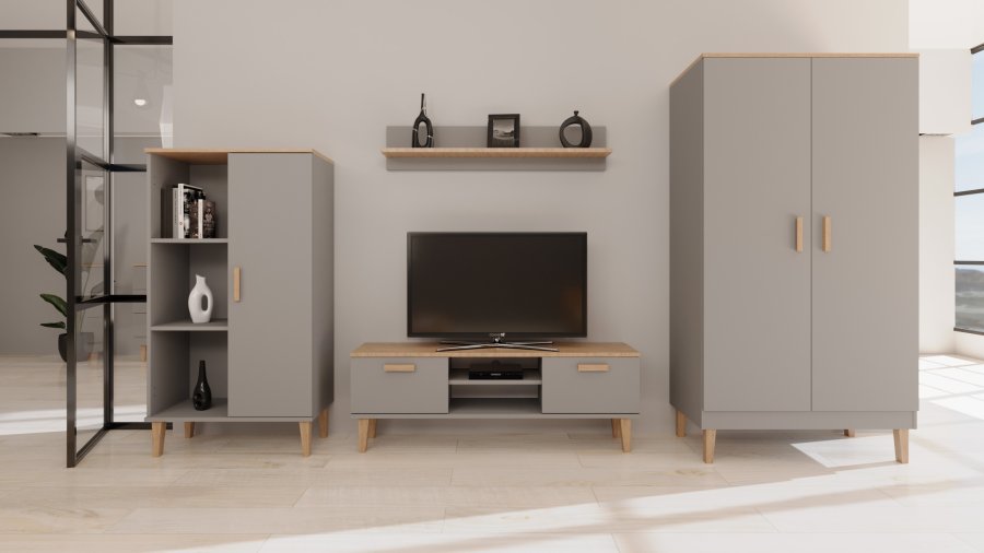 KOCOT Denver TV-Tisch, mit 2 Türen und 1 Regal - Chinchillagrau und natürliche Hickory-Spanplatte (120 x 47,2)