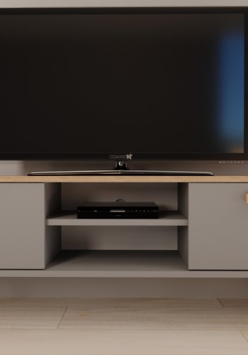 KOCOT Denver TV-Tisch, mit 2 Türen und 1 Regal - Chinchillagrau und natürliche Hickory-Spanplatte (120 x 47,2)