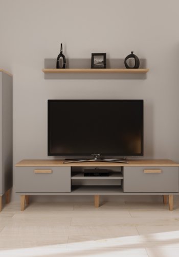 KOCOT Denver TV-Ständer, mit 2 Türen und 1 Regal -   Chinchillagrau und natürliche Hickory-Spanplatte (160 x 47,2)