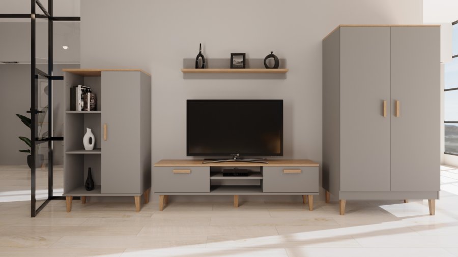 KOCOT Denver TV-Ständer, mit 2 Türen und 1 Regal -   Chinchillagrau und natürliche Hickory-Spanplatte (160 x 47,2)