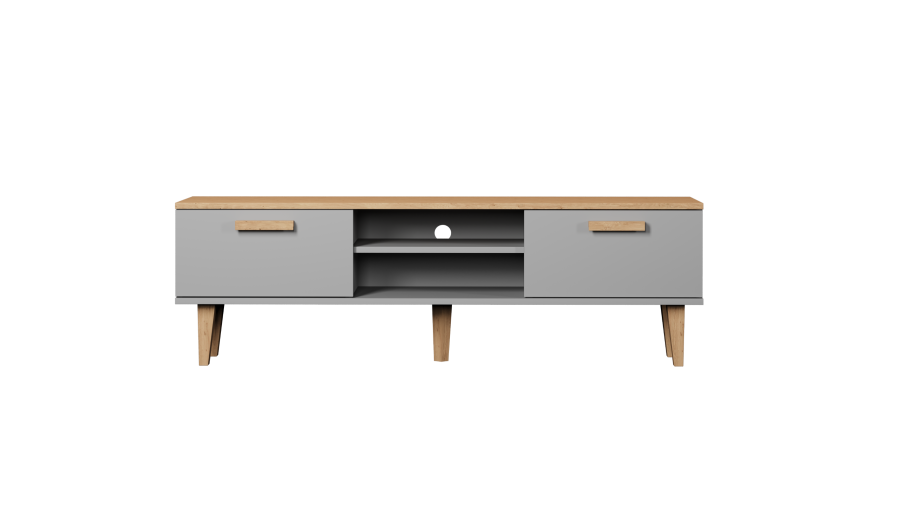 KOCOT Denver TV-Ständer, mit 2 Türen und 1 Regal -   Chinchillagrau und natürliche Hickory-Spanplatte (160 x 47,2)