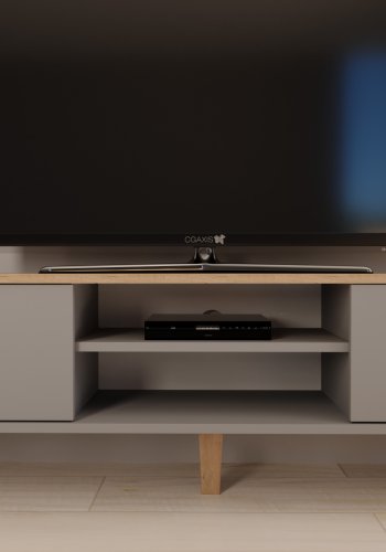 KOCOT Denver TV-Ständer, mit 2 Türen und 1 Regal -   Chinchillagrau und natürliche Hickory-Spanplatte (160 x 47,2)