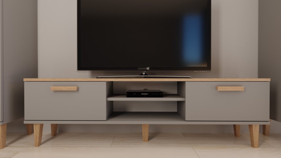 KOCOT Denver TV-Ständer, mit 2 Türen und 1 Regal -   Chinchillagrau und natürliche Hickory-Spanplatte (160 x 47,2)