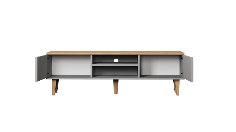 KOCOT Denver TV-Ständer, mit 2 Türen und 1 Regal -   Chinchillagrau und natürliche Hickory-Spanplatte (160 x 47,2)