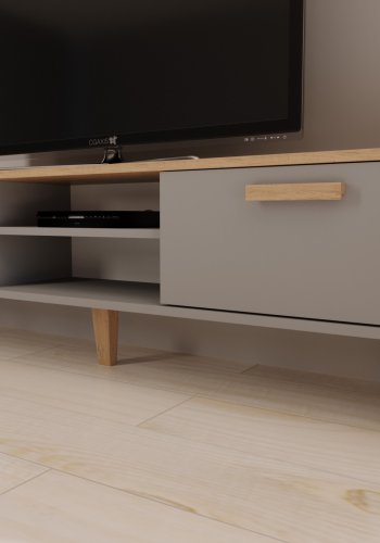 KOCOT Denver TV-Ständer, mit 2 Türen und 1 Regal -   Chinchillagrau und natürliche Hickory-Spanplatte (160 x 47,2)