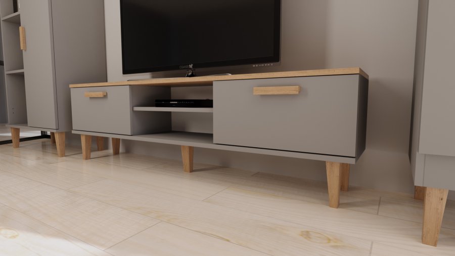 KOCOT Denver TV-Ständer, mit 2 Türen und 1 Regal -   Chinchillagrau und natürliche Hickory-Spanplatte (160 x 47,2)