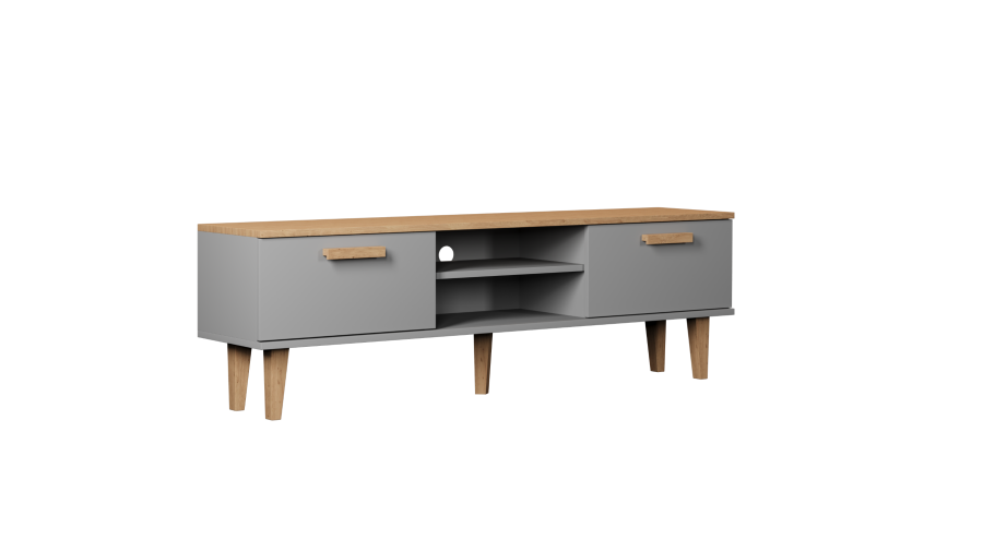 KOCOT Denver TV-Ständer, mit 2 Türen und 1 Regal -   Chinchillagrau und natürliche Hickory-Spanplatte (160 x 47,2)