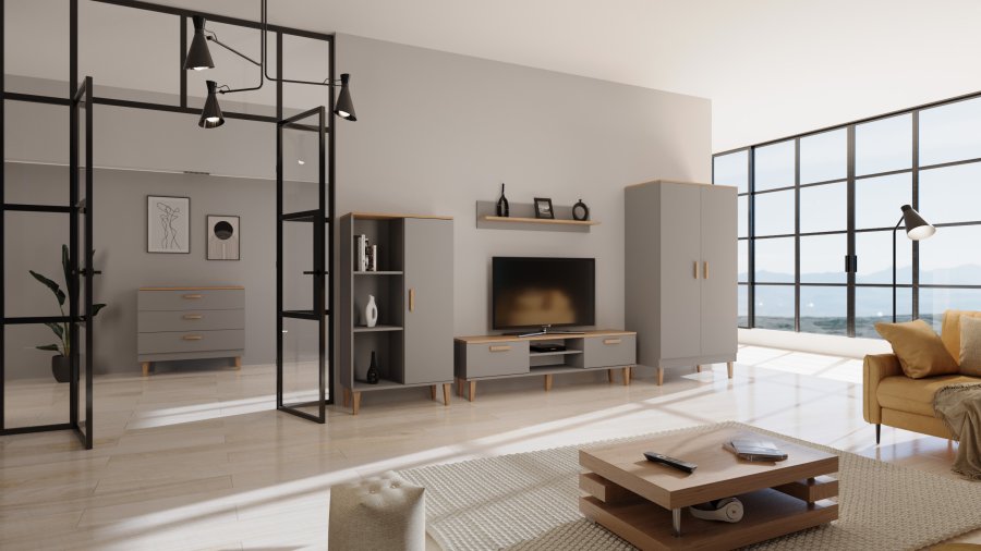 KOCOT Denver Kleiderschrank, mit 2 Türen, 4 Einlegeböden und 1 Kleiderstange - graue und natürliche Hickory-Spanplatte