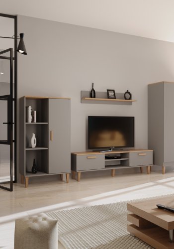 KOCOT Denver TV-Ständer, mit 2 Türen und 1 Regal -   Chinchillagrau und natürliche Hickory-Spanplatte (160 x 47,2)