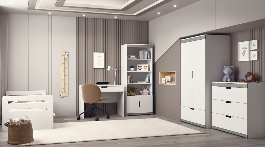 Tomi garderobe for barn, m. 2 drer, 1 hengestang og 1 skuff - hvit laminat og MDF