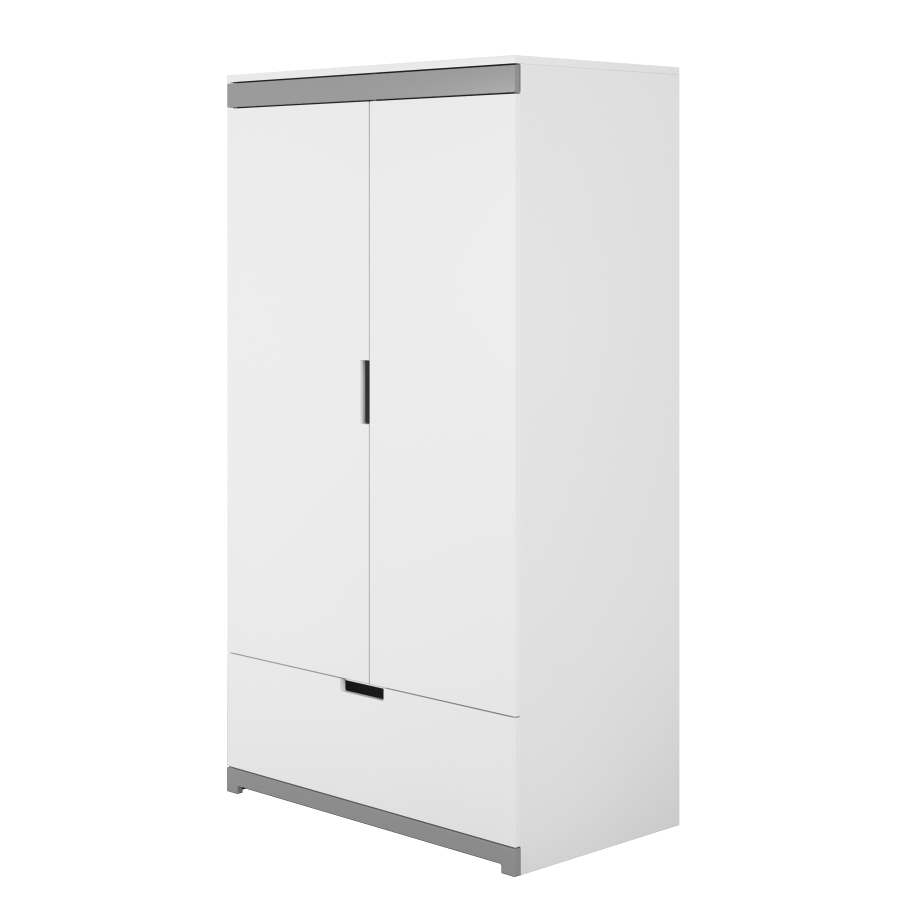 Tomi garderobe for barn, m. 2 drer, 1 hengestang og 1 skuff - hvit laminat og MDF