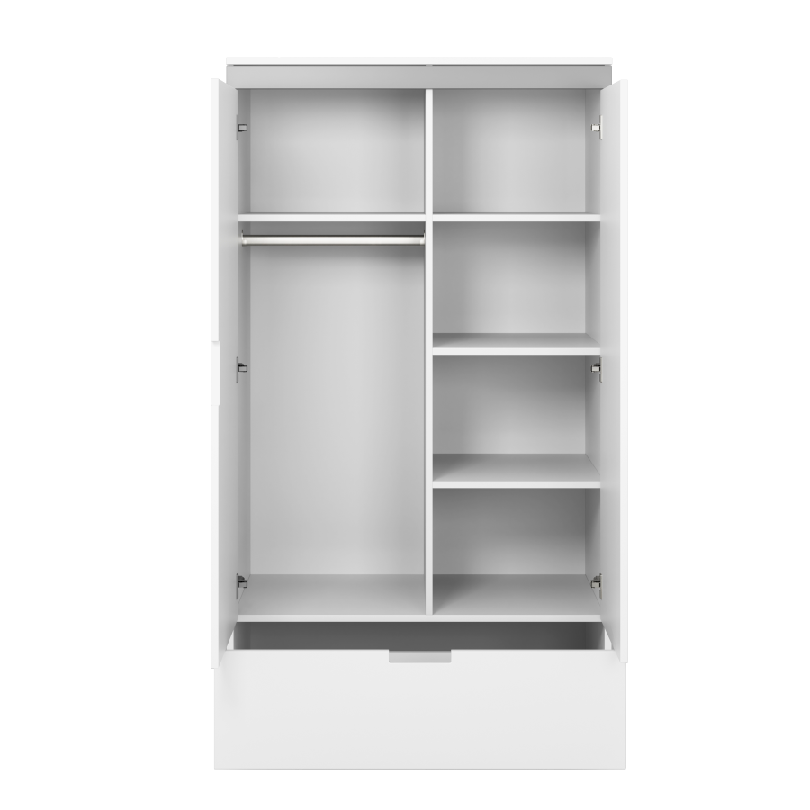 Tomi garderobe for barn, m. 2 drer, 1 hengestang og 1 skuff - hvit laminat og MDF