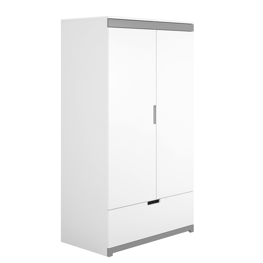 Tomi garderobe for barn, m. 2 drer, 1 hengestang og 1 skuff - hvit laminat og MDF