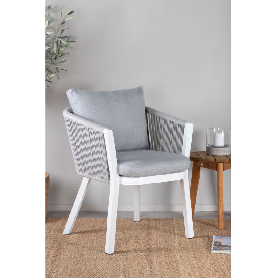 VENTURE DESIGN Virya hagestol, med armlener og puter - grtt stoff, grtt tau, hvit aluminium