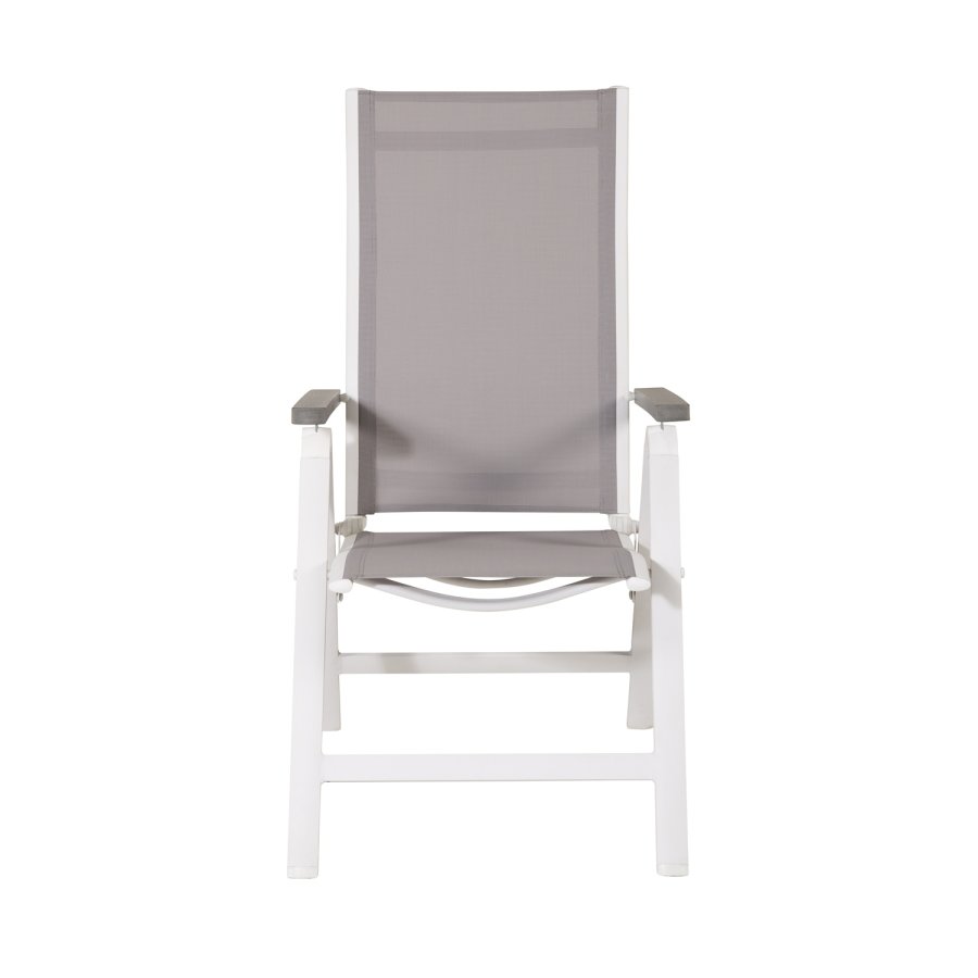 VENTURE DESIGN Albany Light 5-Positionen-Gartenstuhl mit Armlehnen – graues Textilene und Aintwood, weißes Aluminium