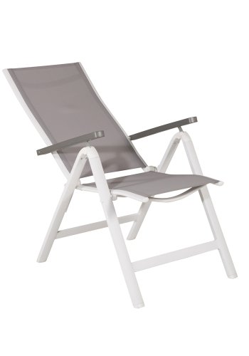 VENTURE DESIGN Albany Light 5-Positionen-Gartenstuhl mit Armlehnen – graues Textilene und Aintwood, weißes Aluminium