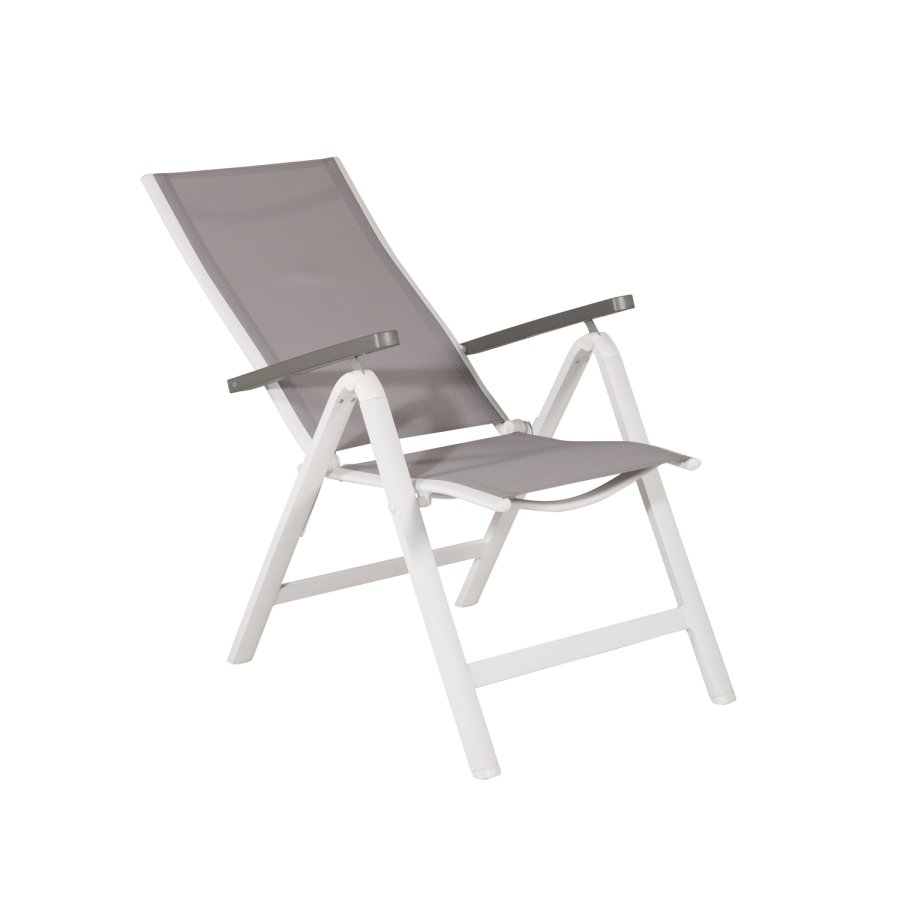 VENTURE DESIGN Albany Light 5-Positionen-Gartenstuhl mit Armlehnen – graues Textilene und Aintwood, weißes Aluminium