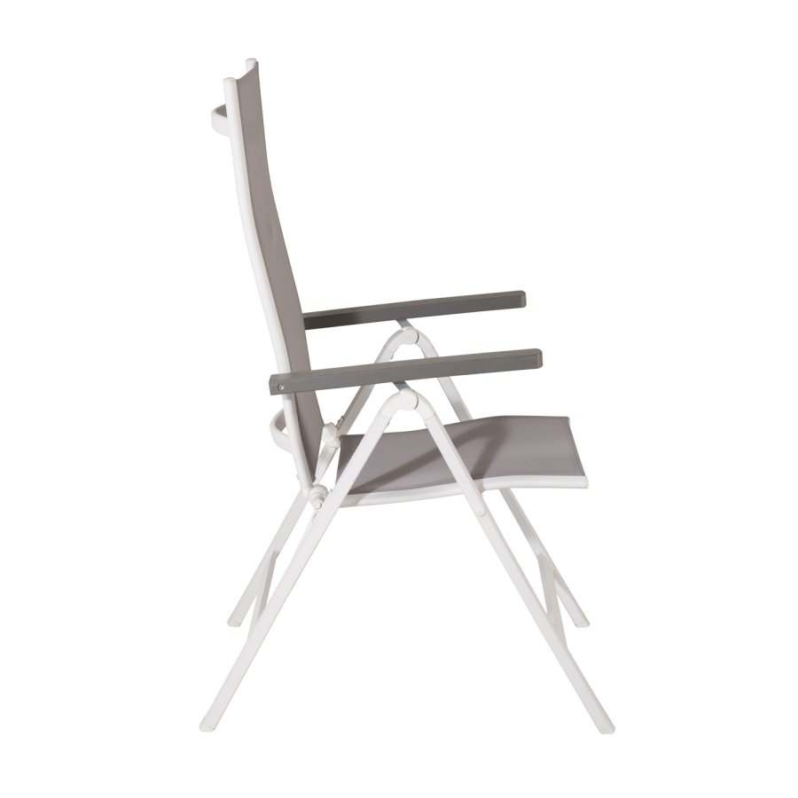 VENTURE DESIGN Albany Light 5-Positionen-Gartenstuhl mit Armlehnen – graues Textilene und Aintwood, weißes Aluminium