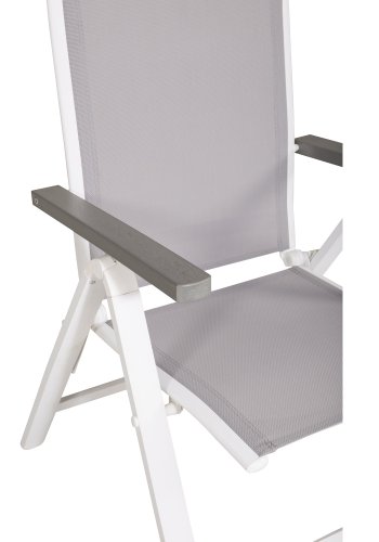 VENTURE DESIGN Albany Light 5-Positionen-Gartenstuhl mit Armlehnen – graues Textilene und Aintwood, weißes Aluminium