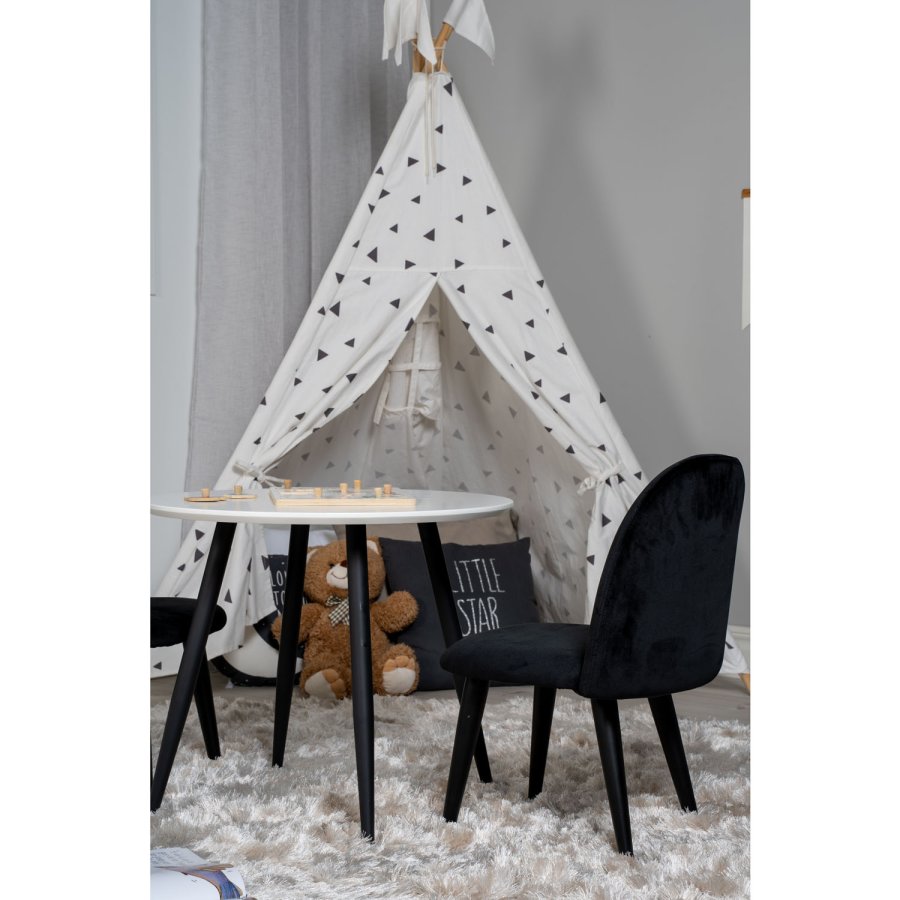 VENTURE DESIGN Plaza barnebord og 2 barnestoler - hvit MDF/svart metall og svart flyel/svart metall