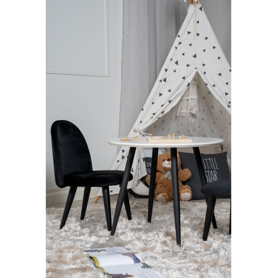 VENTURE DESIGN Plaza barnebord og 2 barnestoler - hvit MDF/svart metall og svart flyel/svart metall