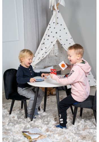 VENTURE DESIGN Plaza barnebord og 2 barnestoler - hvit MDF/svart metall og svart flyel/svart metall