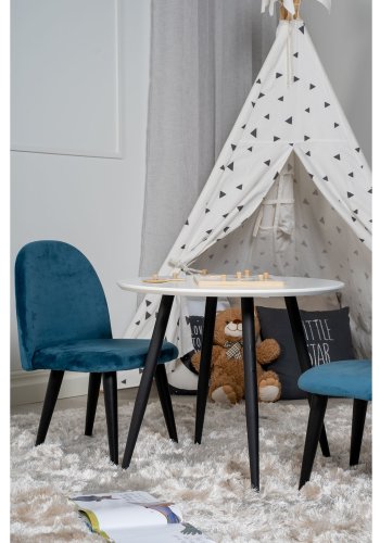 VENTURE DESIGN Plaza barnebord og 2 barnestoler - hvit MDF/svart metall og bl flyel/svart metall