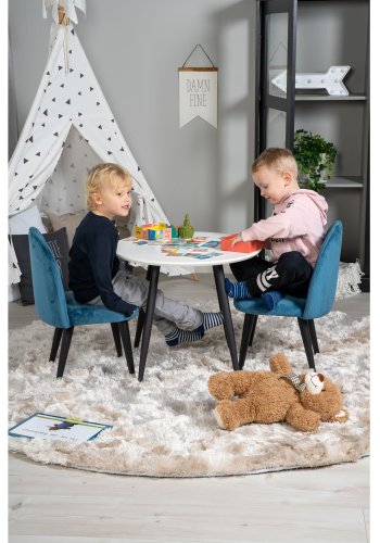 VENTURE DESIGN Plaza barnebord og 2 barnestoler - hvit MDF/svart metall og bl flyel/svart metall