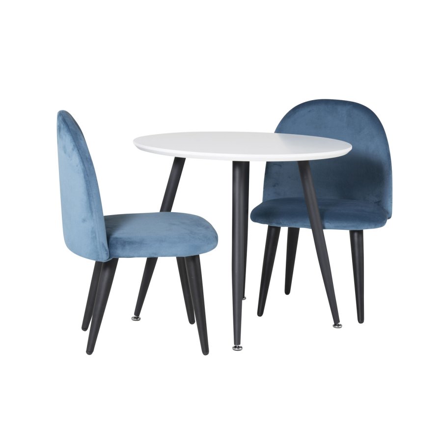 VENTURE DESIGN Plaza barnebord og 2 barnestoler - hvit MDF/svart metall og bl flyel/svart metall