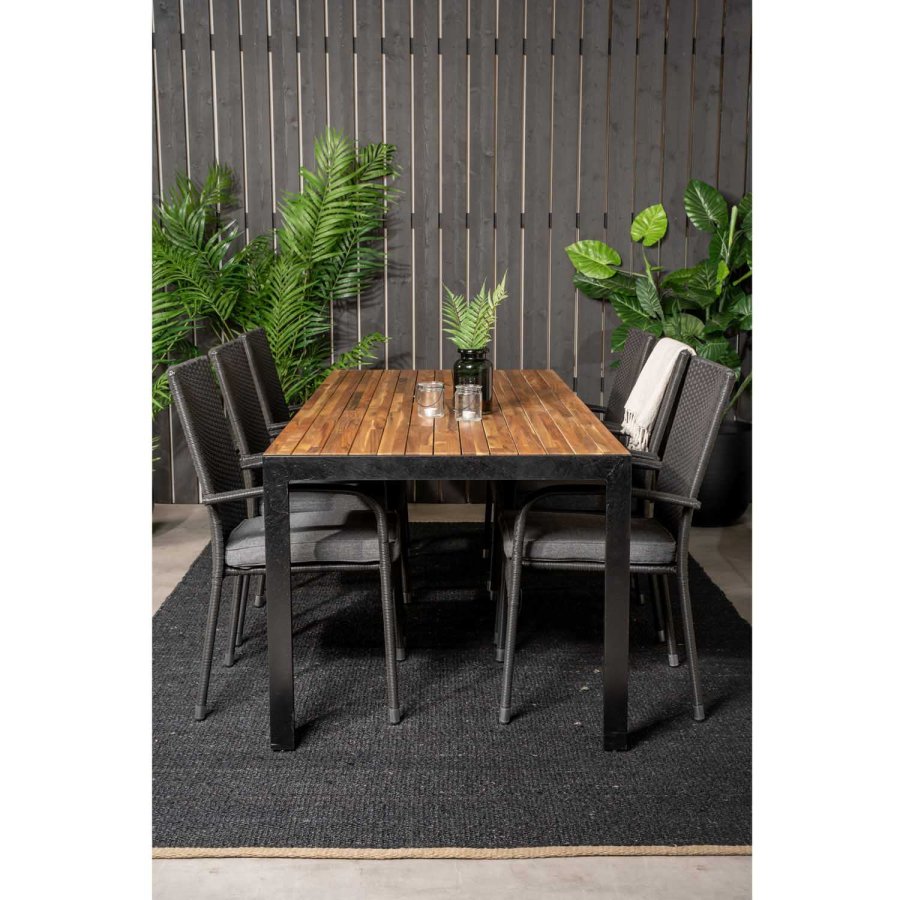 VENTURE DESIGN Gartenset, m. Bois Tisch (200x100) und 6 Anna Stühlen, m. Armlehnen - Akazie/Alu/Rattan