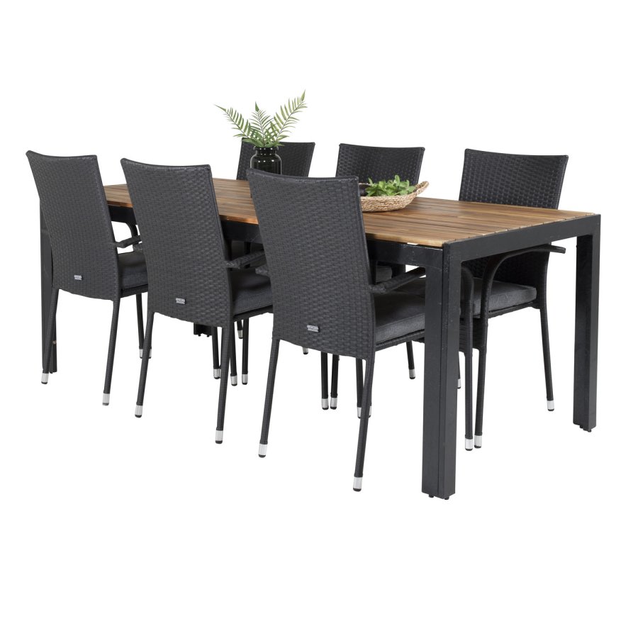 VENTURE DESIGN Gartenset, m. Bois Tisch (200x100) und 6 Anna Stühlen, m. Armlehnen - Akazie/Alu/Rattan