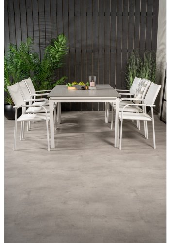 VENTURE DESIGN havest, m. Levels bord, m. udtrk og 6 Santorini stole, m. armln - aintwood/alu 