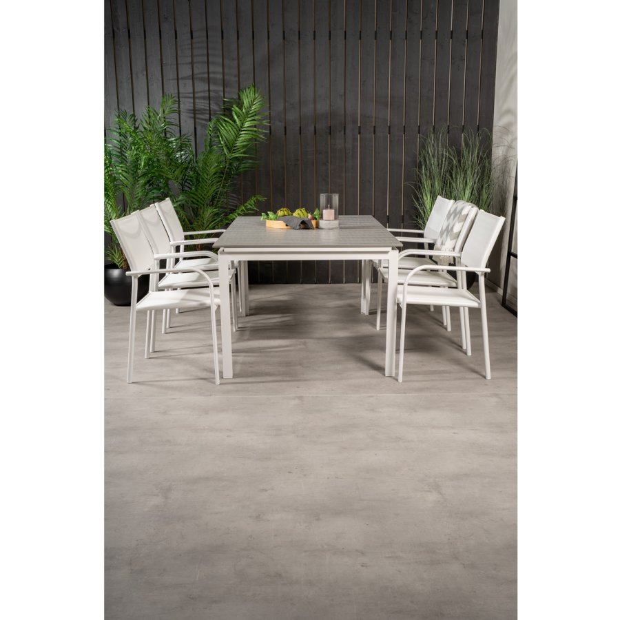 VENTURE DESIGN havest, m. Levels bord, m. udtrk og 6 Santorini stole, m. armln - aintwood/alu 