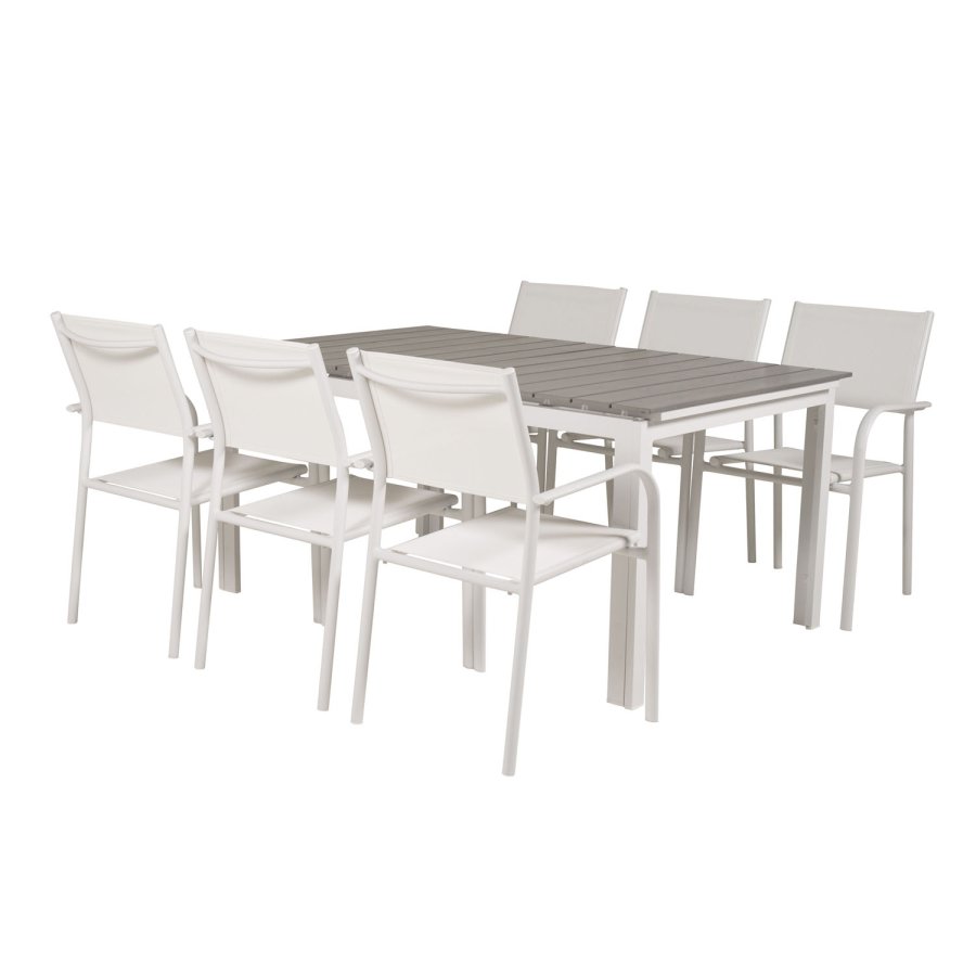 VENTURE DESIGN havest, m. Levels bord, m. udtrk og 6 Santorini stole, m. armln - aintwood/alu 