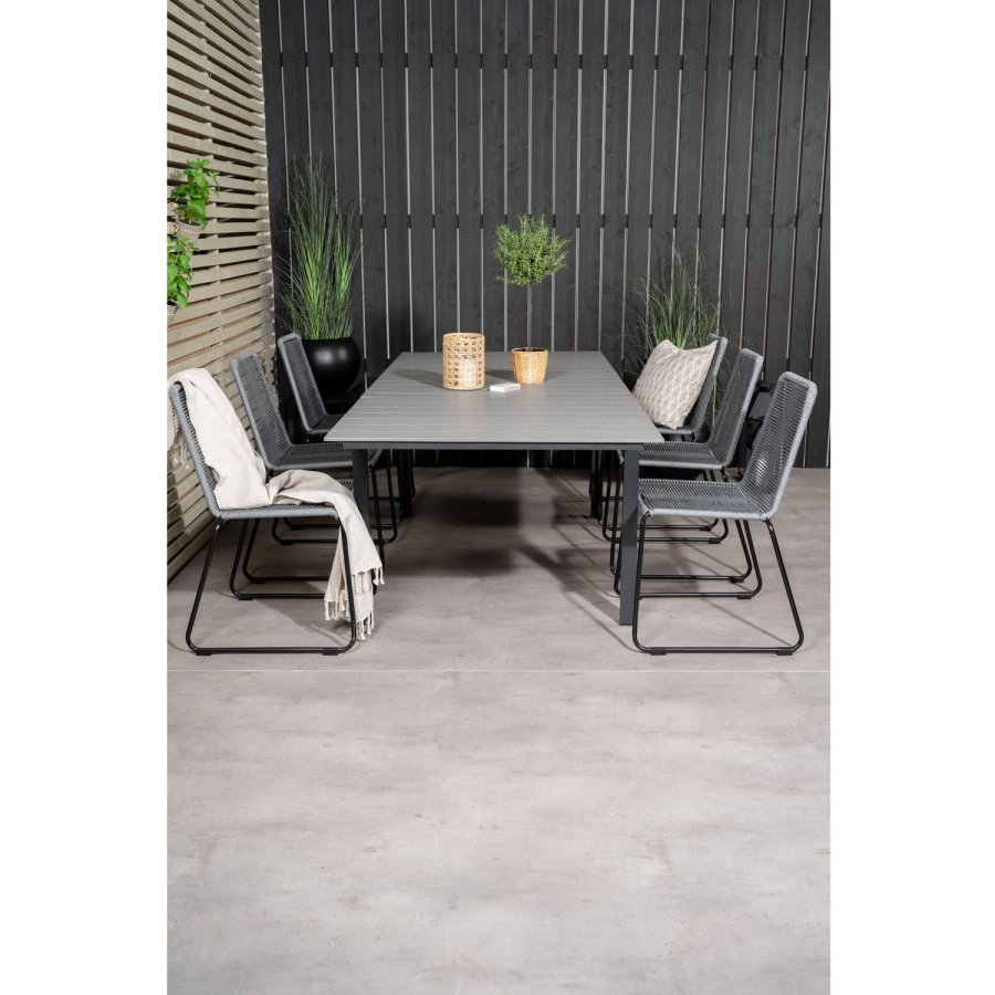 VENTURE DESIGN havest, m. Levels bord, m. udtrk og 6 Lindos stole - aintwood/alu/reb/stl