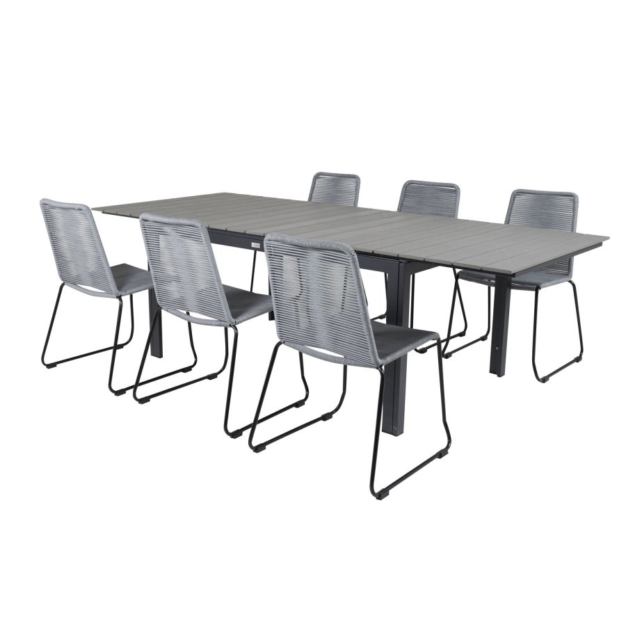 VENTURE DESIGN havest, m. Levels bord, m. udtrk og 6 Lindos stole - aintwood/alu/reb/stl