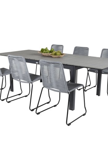 VENTURE DESIGN havest, m. Levels bord, m. udtrk og 6 Lindos stole - aintwood/alu/reb/stl