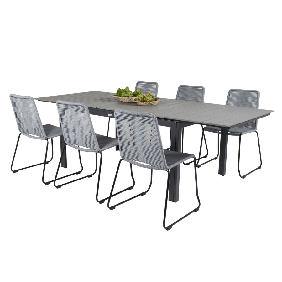 VENTURE DESIGN havest, m. Levels bord, m. udtrk og 6 Lindos stole - aintwood/alu/reb/stl