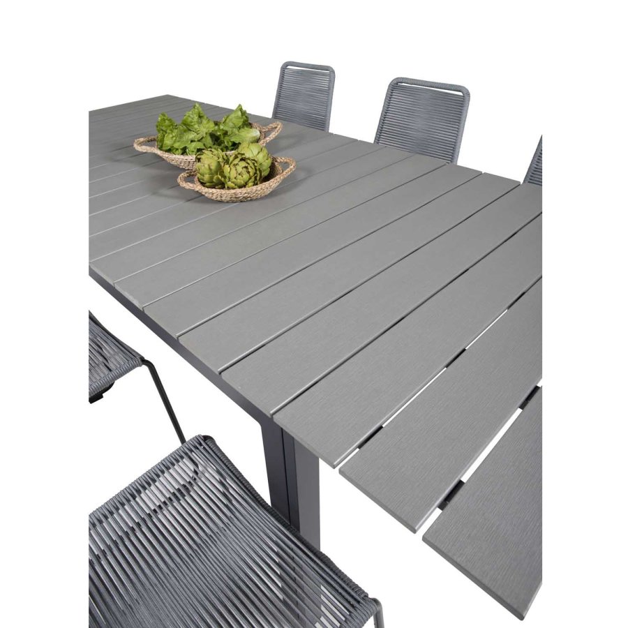 VENTURE DESIGN havest, m. Levels bord, m. udtrk og 6 Lindos stole - aintwood/alu/reb/stl