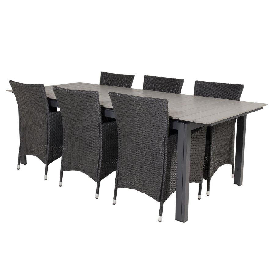 VENTURE DESIGN havest, m. Levels bord, m. udtrk og 6 Knick stole, m. armln - aintwood/alu/flet