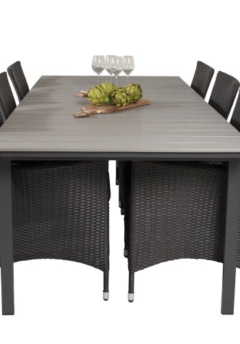 VENTURE DESIGN havest, m. Levels bord, m. udtrk og 6 Knick stole, m. armln - aintwood/alu/flet